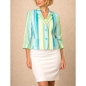 Rafaella Striped Blazer Jacket, Size 8, Blue Green Aqua, 3/4 Cuff Sleeve Summer